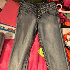 High waisted washed dark blue jeans